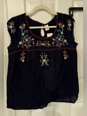 Bila Navy Embroidered Floral Sleeveless Camisole